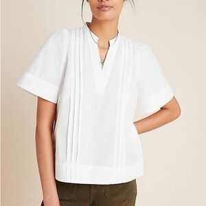 NWOT Anthropologie White Pleated Boxy Blouse with Mandarin Collar